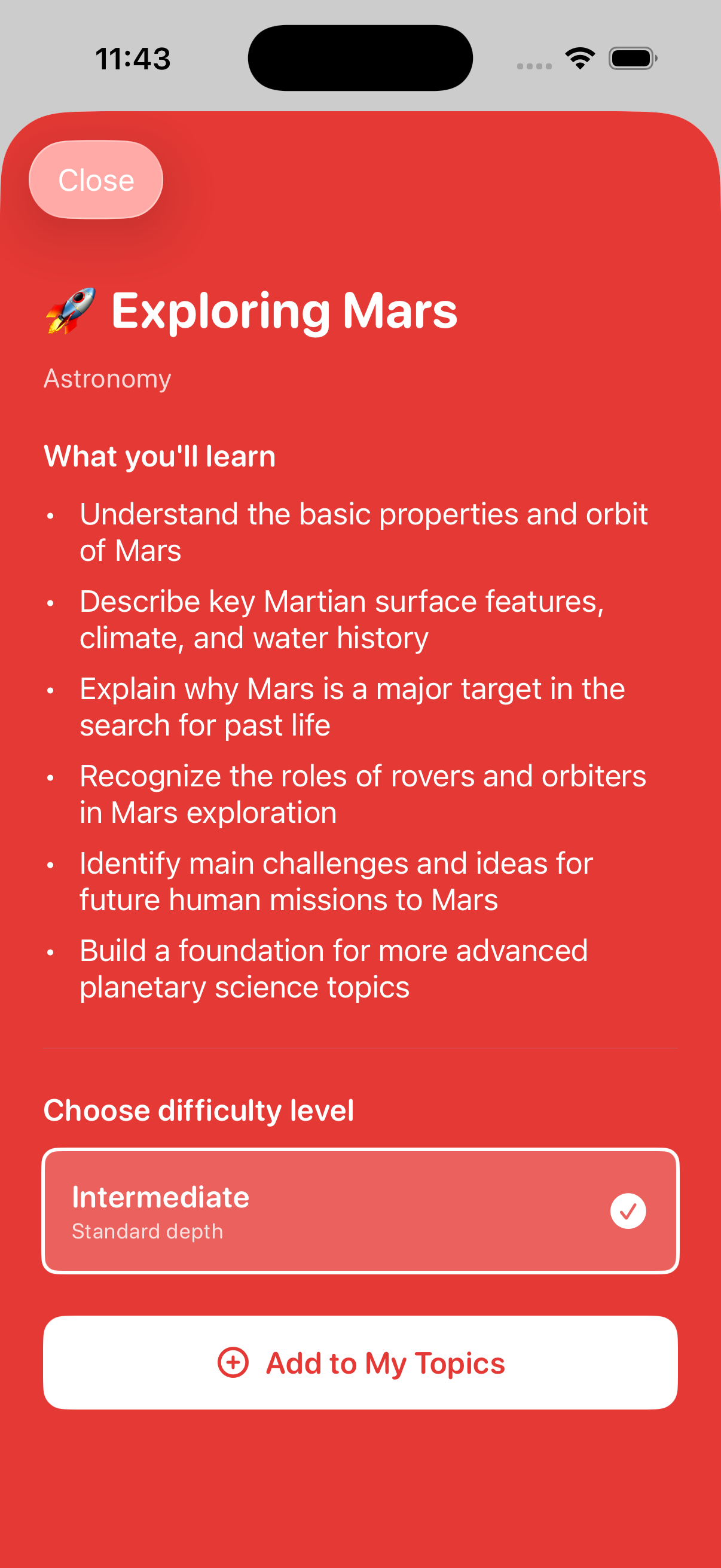 Exploring Mars topic preview listing what you'll learn, with a difficulty picker and an Add to My Topics button
