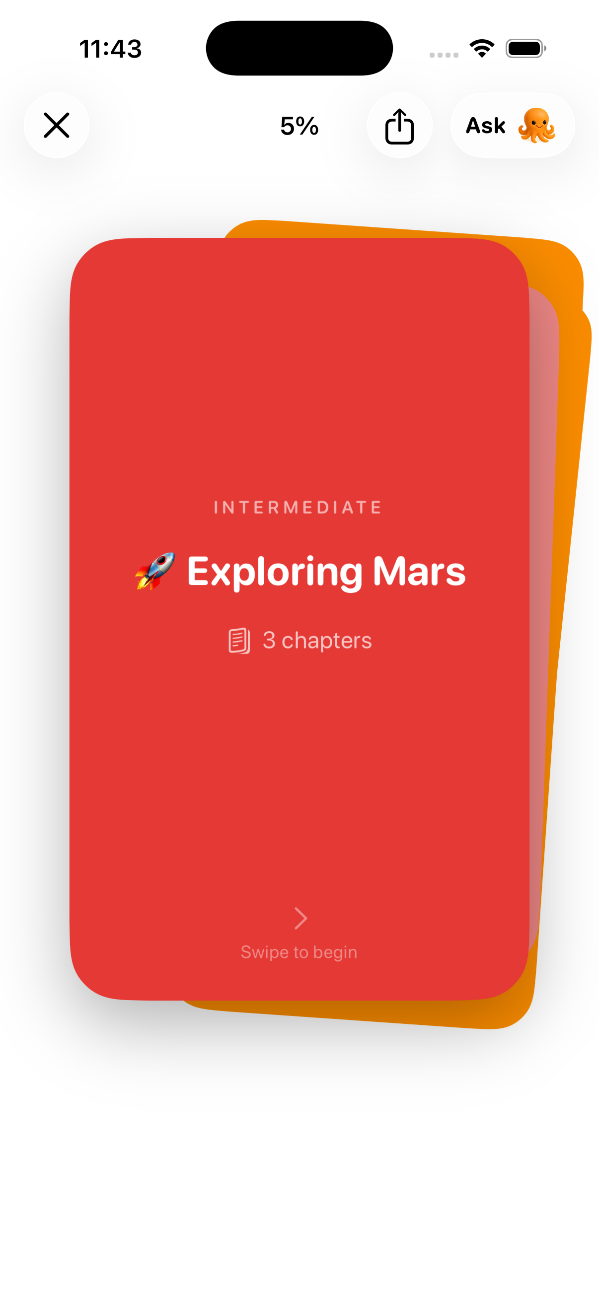 A stack of swipeable cards titled Exploring Mars at intermediate difficulty with three chapters