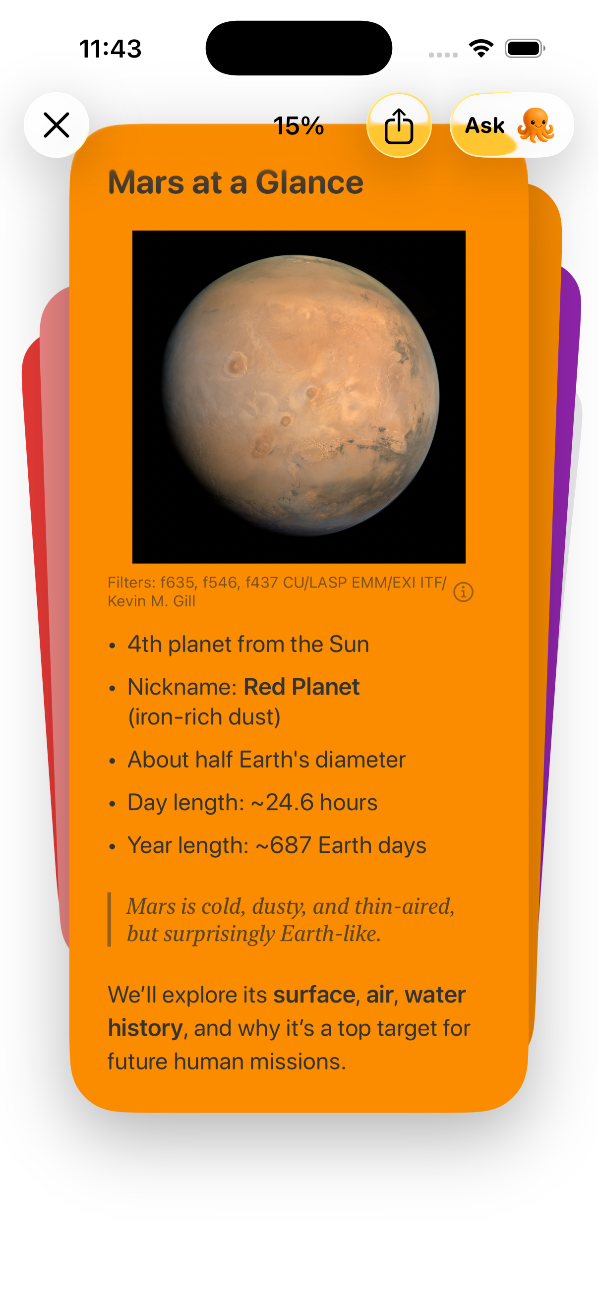A Mars at a Glance snippet card with an image of Mars and bullet facts about the Red Planet