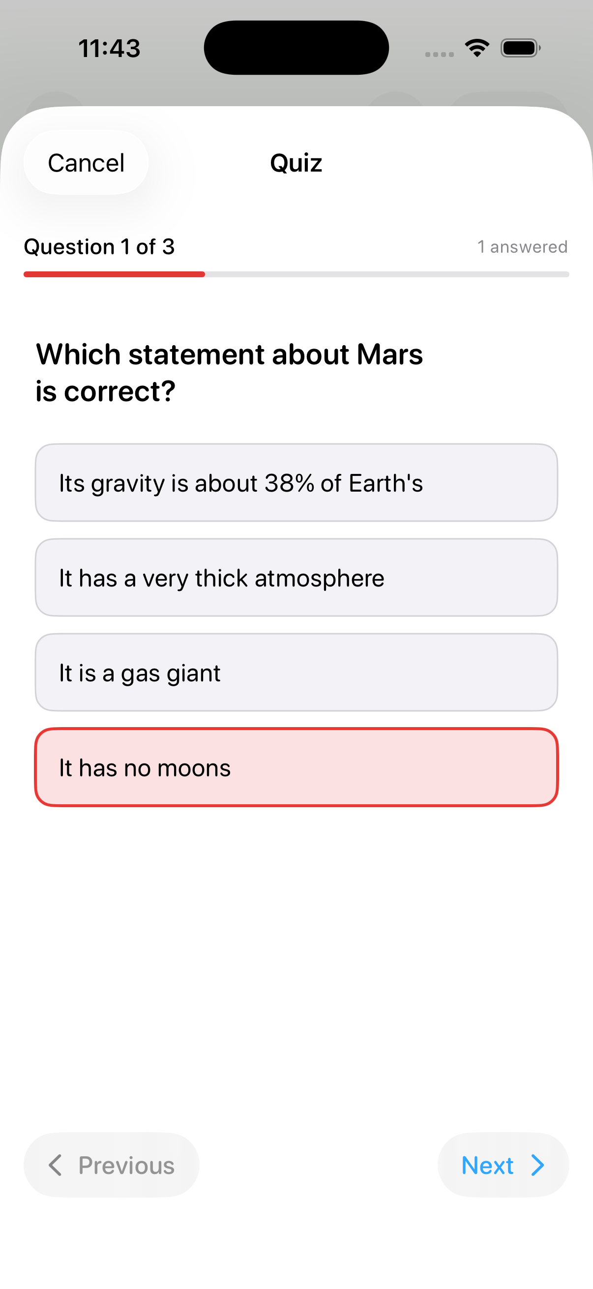 A multiple-choice quiz question asking which statement about Mars is correct