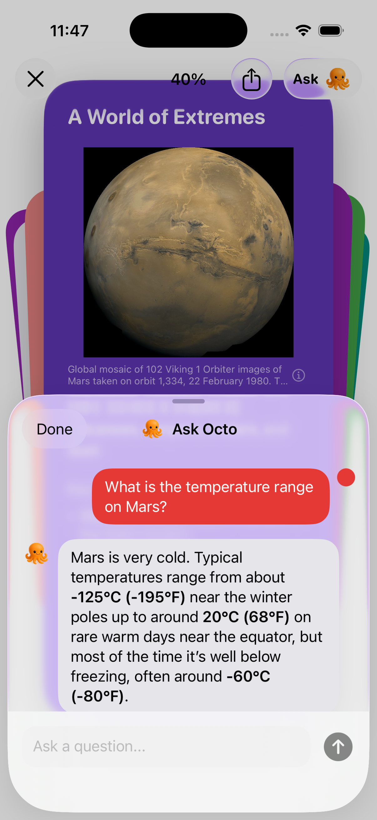 The Ask Octo chat sheet answering a question about the temperature range on Mars